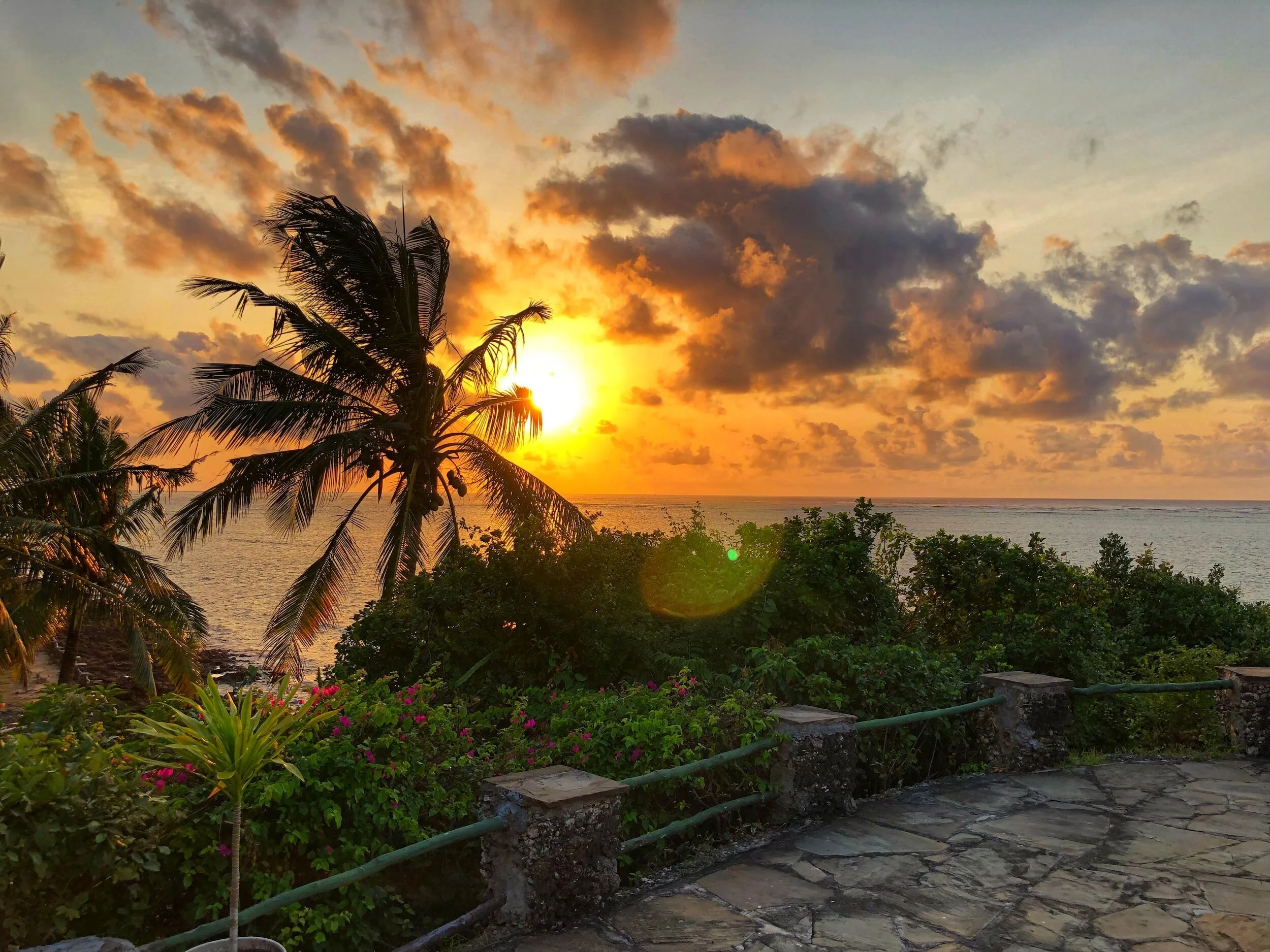 Sunset over the ocean with palm trees and lush green vegetation in the foreground, stone pathway, partly cloudy sky with orange and blue hues.